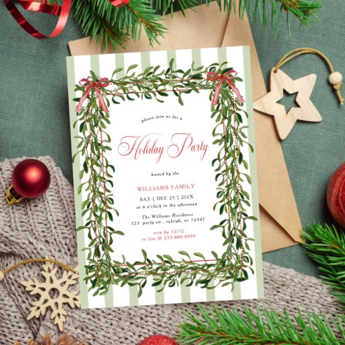 Mistletoe Holiday Party Red Bow Stripes Christmas Invitation