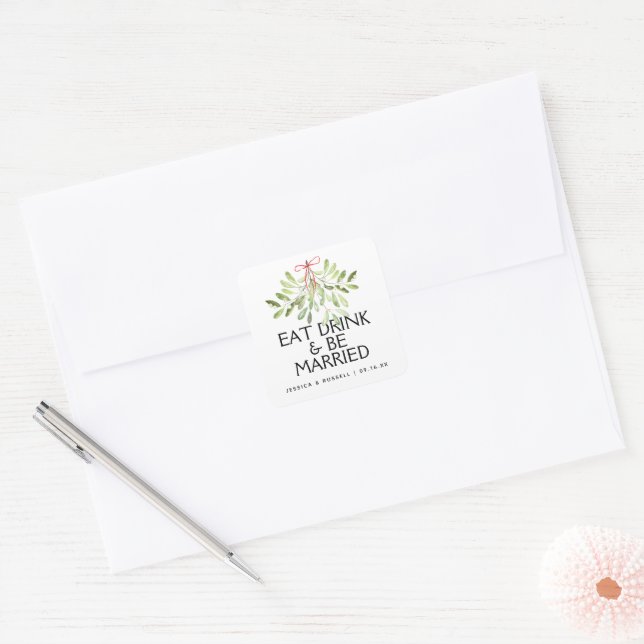 Mistletoe Holiday Wedding Square Sticker (Envelope)