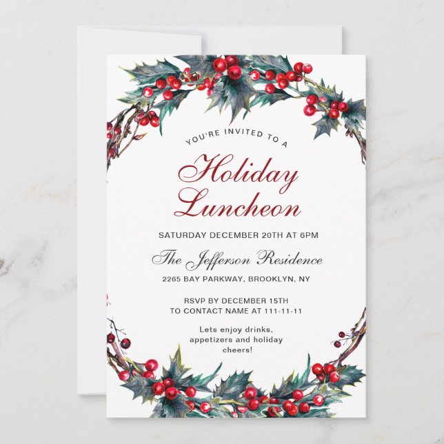 Mistletoe Holly Berry Wreath Holiday Luncheon Invitation (Front)