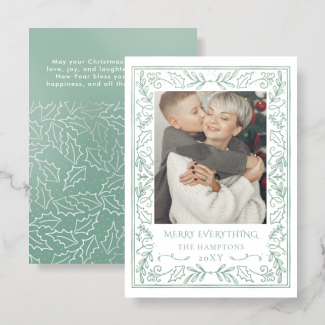 Mistletoe Holly Botanical Christmas Holiday Letterpress Photo Cards (Front/Back)