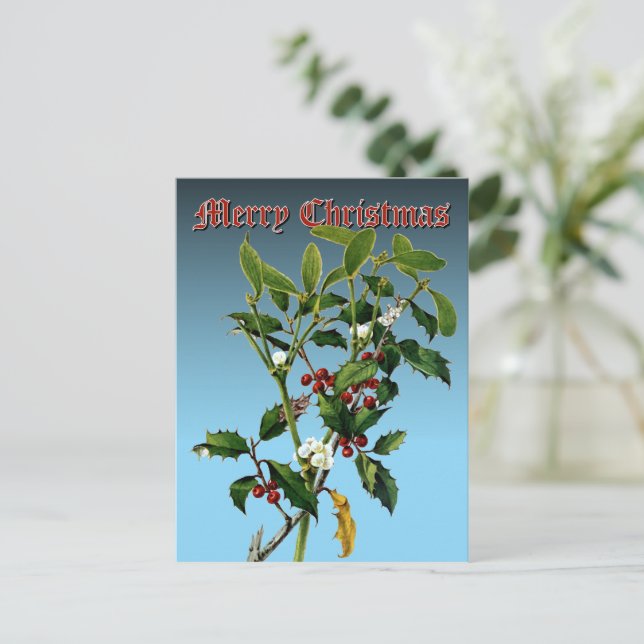 Mistletoe & Holly Greenery Botanical Art Holiday Postcard (Standing Front)