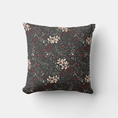 Mistletoe Holly Red Berries on Black Background Throw Pillow