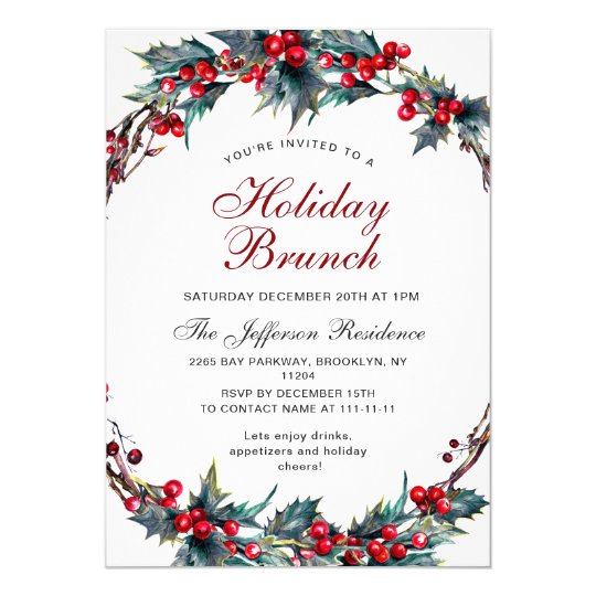 Mistletoe Holly Wreath Christmas Holiday Brunch Invitation | Zazzle.com