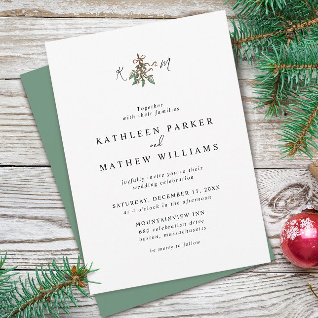Mistletoe Initials Holiday Wedding Invitation (Mistletoe Initials Holiday Wedding Invitation)