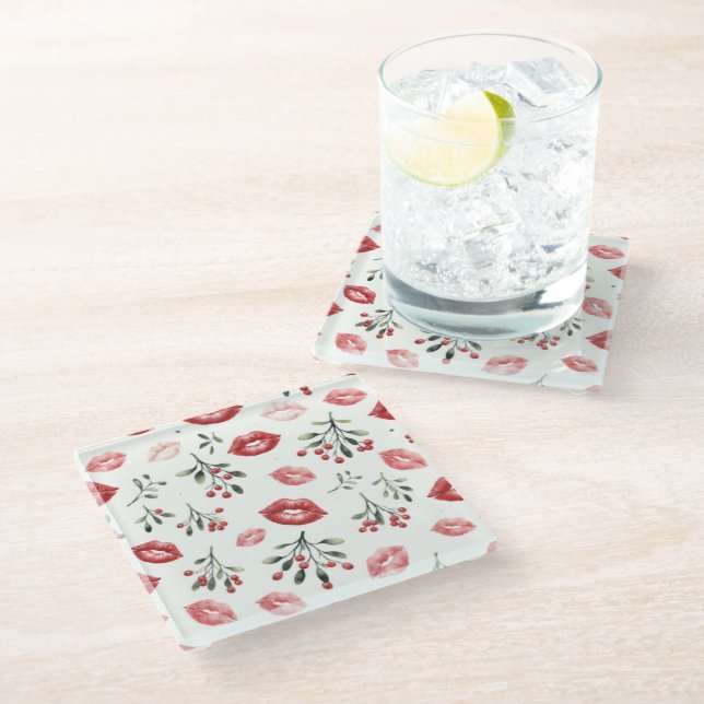 Mistletoe Kisses  Glass Coaster (Angled)