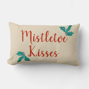 Mistletoe Kisses Holly Ivy Vintage Beige Holiday Lumbar Pillow