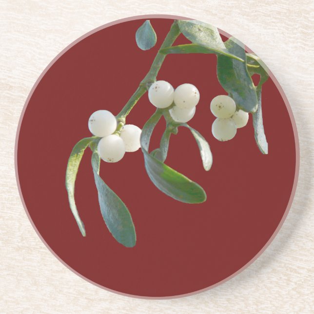 Mistletoe leaves and berries, burgundy background sandstone coaster (Front)