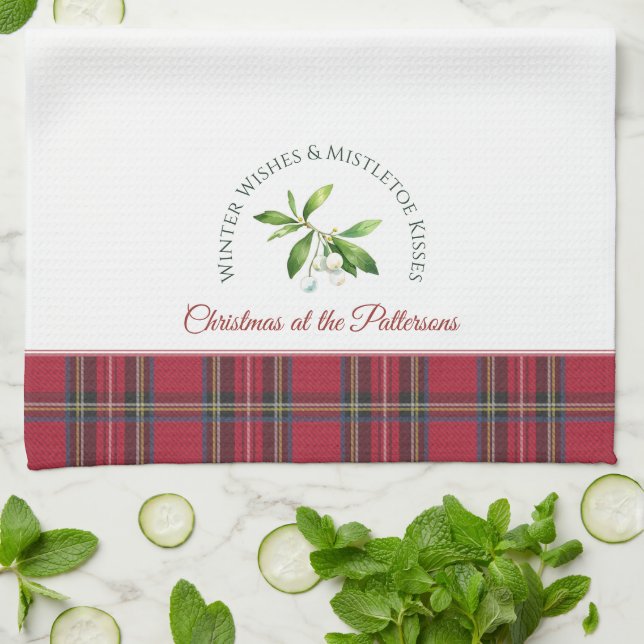 Mistletoe Leaves Customized Surname Christmas Kitchen Towel (Folded)