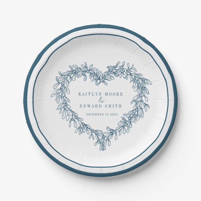 Mistletoe line art blue white winter wedding paper plates (Front)