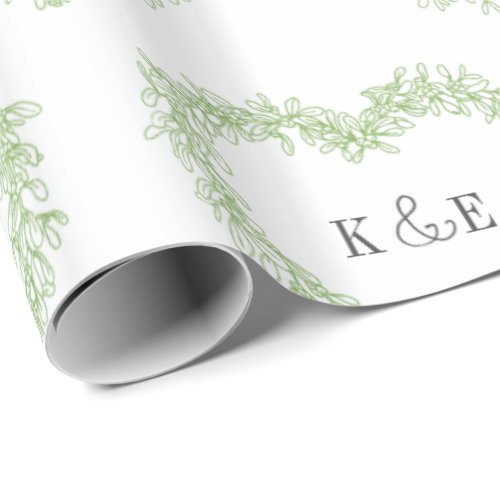Mistletoe line art drawing monogram green white wrapping paper