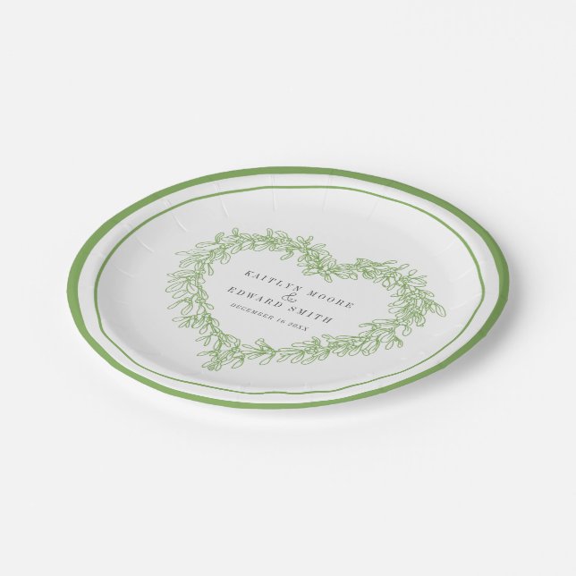 Mistletoe line art green white winter wedding paper plates (Angled)