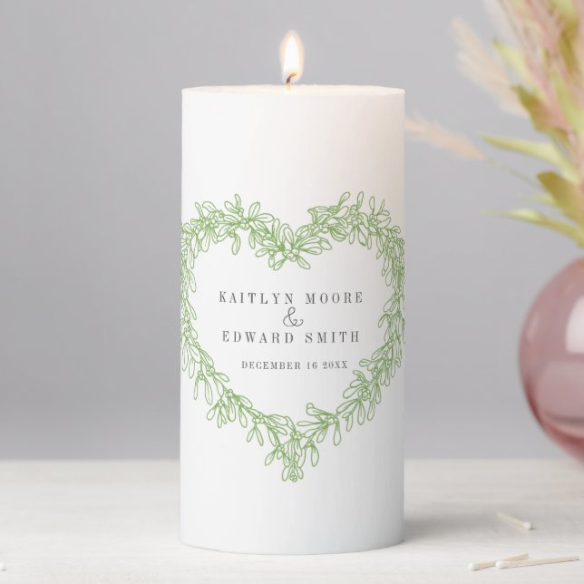 Mistletoe line art green winter wedding custom  pillar candle (In Situ)