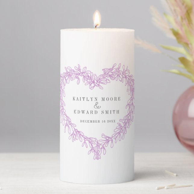 Mistletoe line art purple winter wedding custom pillar candle (In Situ)