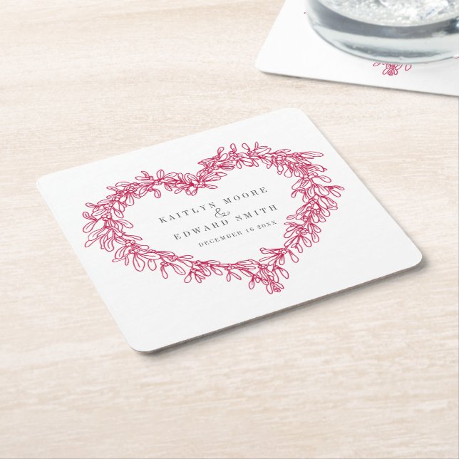 Mistletoe line art red white winter wedding custom square paper coaster (Angled)