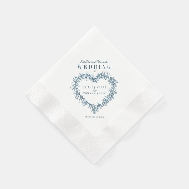 Mistletoe line art wedding blue white custom napkins (Corner)