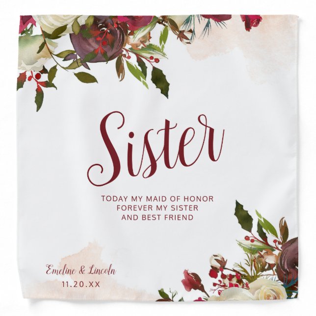 Mistletoe Manor Floral Sister Quote Handkerchief Bandana (Front)