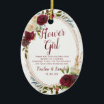 Mistletoe Manor Floral To the Flower Girl Quote Ceramic Ornament<br><div class="desc">Mistletoe Manor Watercolor Lush Roses Design with Hand Painted Florals, Holly Berry Leaves, Pine Sprig Foliage, and Watercolor Paint Brush Strokes. Colorful Marsala, Wine Merlot Red, Burgundy, Ivory Cream, and Green. With Swirly Chic Typography Brush Script Fonts and Rose Gold Elegant Floral Oval Frame - Flower Girl Heartfelt Quote Keepsake...</div>