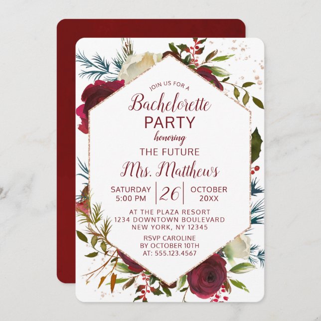 Mistletoe Manor Hexagon Frame Bachelorette Party Invitation (Front/Back)