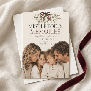 Mistletoe & Memories Burgundy Bow Christmas Photo Holiday Card