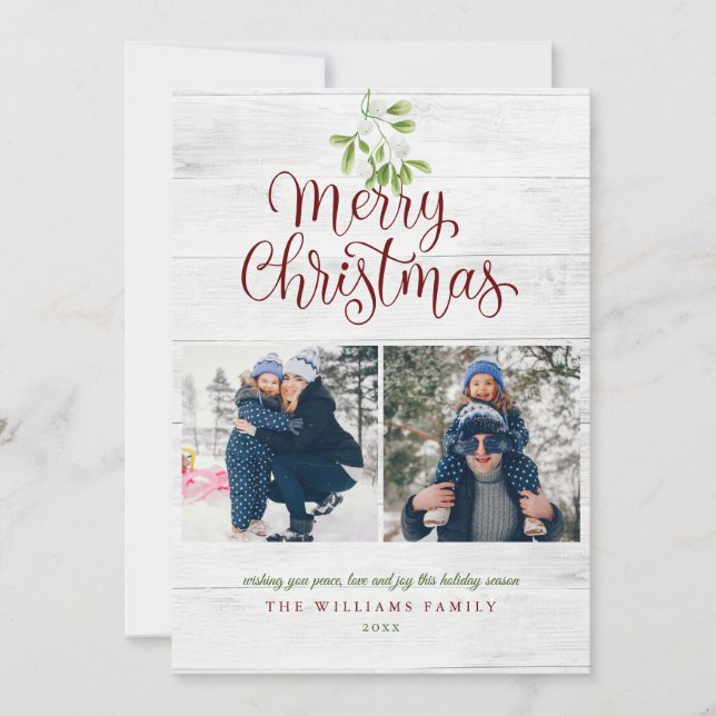 Mistletoe Merry Christmas 3 Photo Rustic Wood Holiday Card (Front)