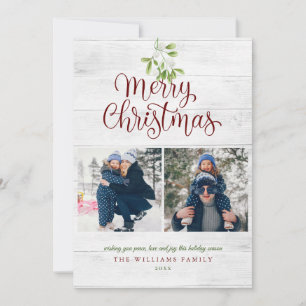 Mistletoe Merry Christmas 3 Photo Rustic Wood Holiday Card