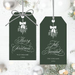 Mistletoe Merry Christmas | Feliz Navidad Green    Gift Tags<br><div class="desc">This holiday gift tag features elegant,  romantic swirly calligraphy with a winter mistletoe bouquet and a festive 'Merry Christmas' on the front,  along with 'Feliz Navidad' script on the back. For more advanced customization of this design,  please click the BLUE DESIGN TOOL BUTTON above!</div>