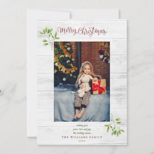 Mistletoe Merry Christmas Rustic Wood Photo Holiday Card