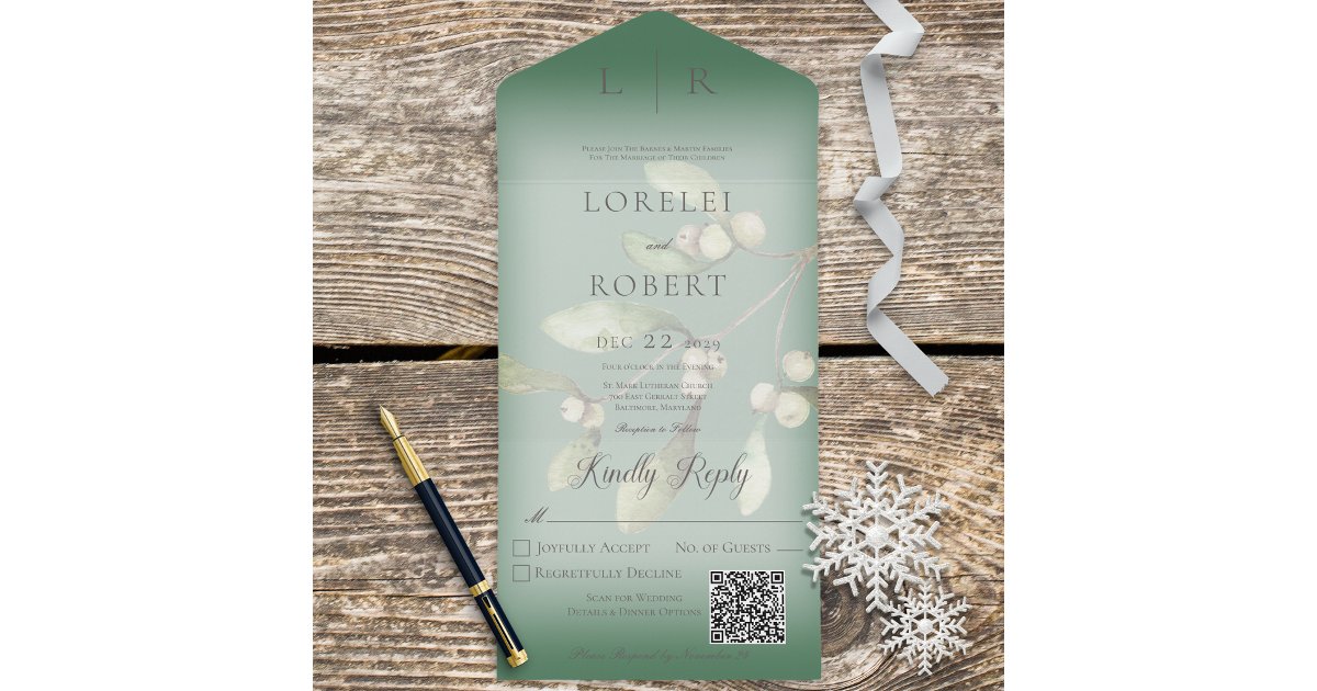 Mistletoe Modern Pine Green QR Code All In One Invitation | Zazzle