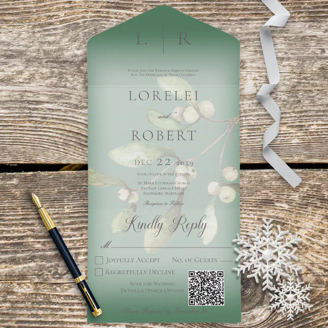 Mistletoe Modern Pine Green QR Code All In One Invitation | Zazzle