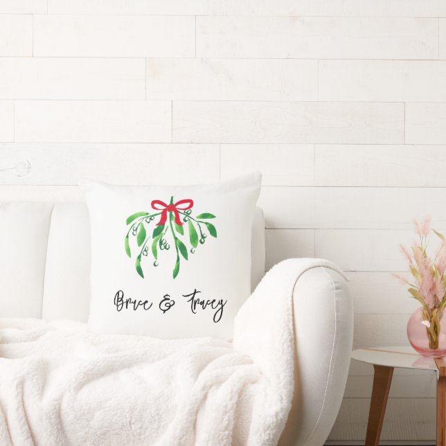 Mistletoe NAME & NAME Year Festive Red Green Kiss Throw Pillow (Couch)