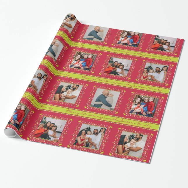 Mistletoe partridge stripes red Christmas photo Wrapping Paper (Unrolled)