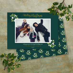 Mistletoe Photo Gold Script Merry Christmas Holiday Card