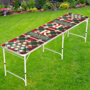 Mistletoe Plaid Family Name & Initial Beer Pong Table