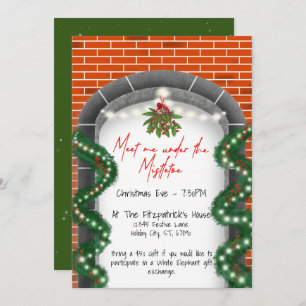Mistletoe Red Brick Home Porch Holiday Invitation