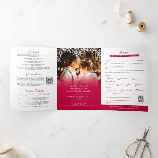 Mistletoe red white wedding meal option RSVP Tri-Fold Invitation (Inside)