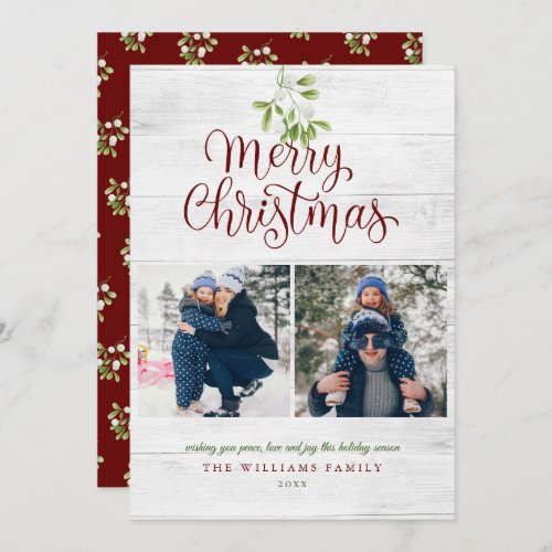 Mistletoe Rustic Wood Merry Christmas 2 Photo Holiday Card