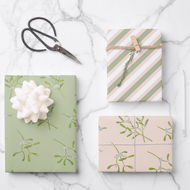 Mistletoe Stripes Green Eggnog Wrapping Paper Sheets (Front)
