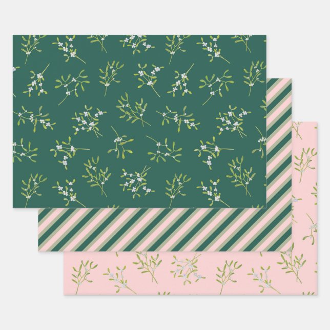 Mistletoe Stripes Green Rose Wrapping Paper Sheets (Set)
