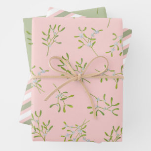 Mistletoe Stripes Rose Green Wrapping Paper Sheets