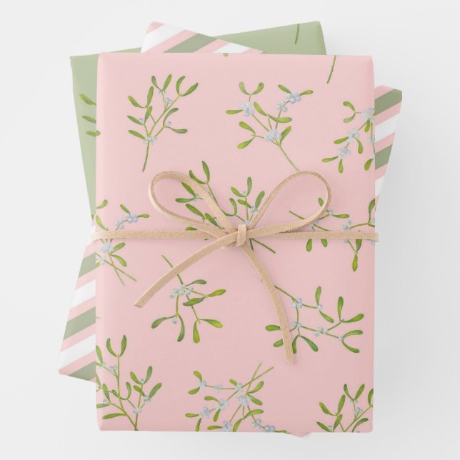 Mistletoe Stripes Rose Green Wrapping Paper Sheets (In situ)