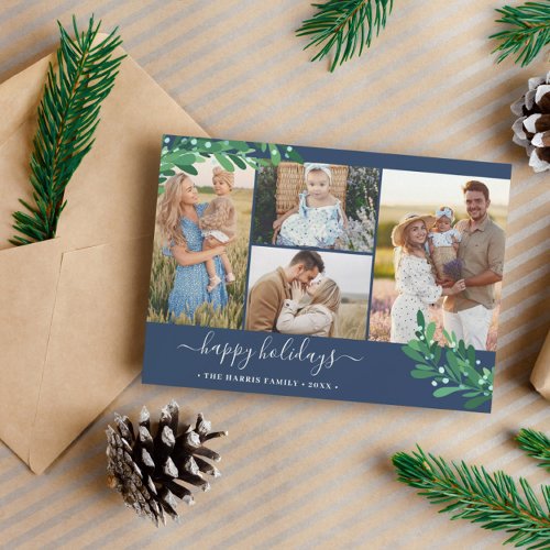 Mistletoe Twigs Photo Collage Navy Happy Holidays Holiday Card