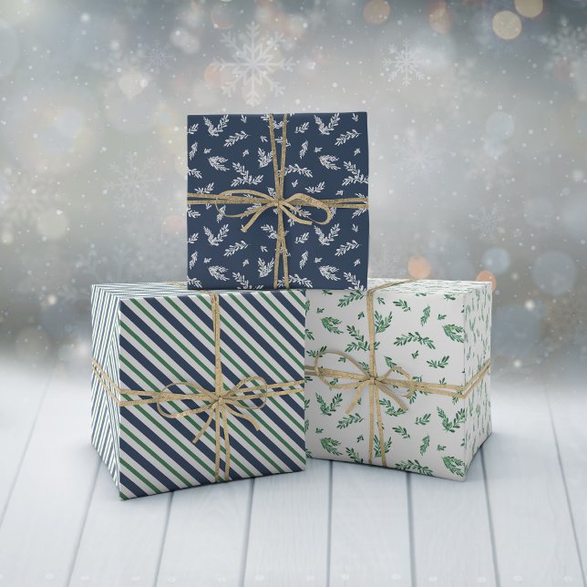 Mistletoe Twigs & Stripes Mixed Christmas Patterns Wrapping Paper Sheets (Creator Uploaded)