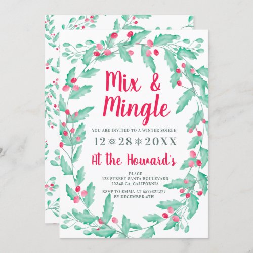 Mistletoe watercolor wreath Christmas Mix Mingle Invitation