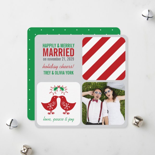 Mistletoes Kissing Chicks Mr And Mrs Photo Wedding Holiday Card (Front/Back In Situ)