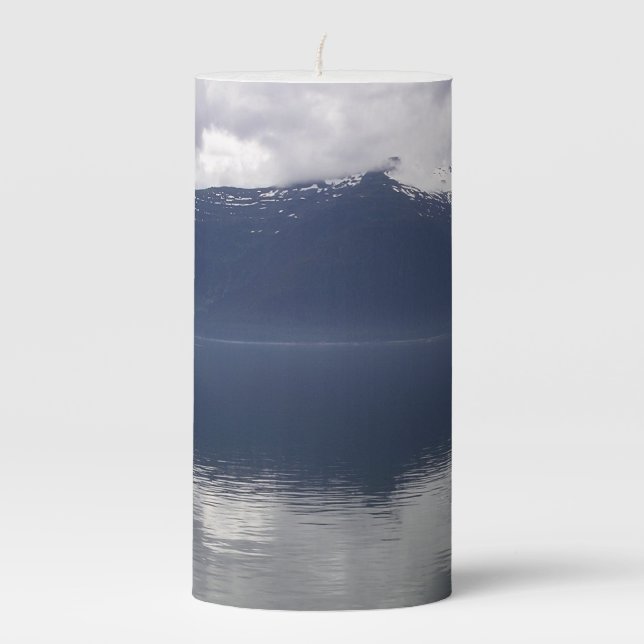 Misty Alaskan Sea in Shades of Blue Pillar Candle (Front)