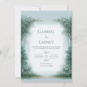 Misty Aqua Woodland Blossom Frame Wedding Invitation