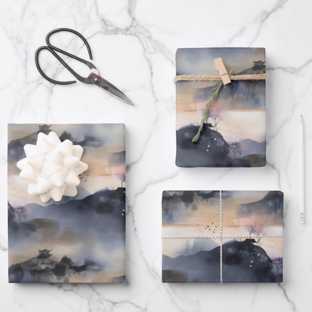 Misty Asian Style Landscape Pattern Wrapping Paper Sheets (Front)