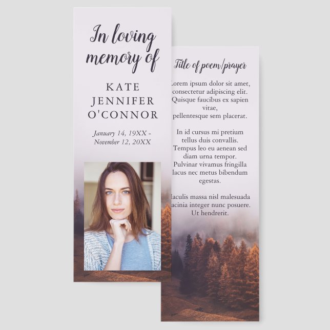 Misty Autumn Woods Prayer Poem Funeral Bookmarks (Front & Back)