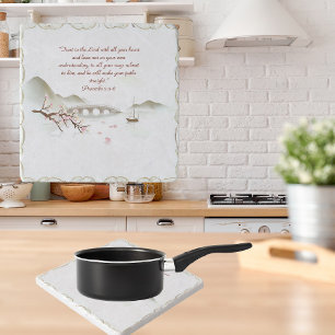 Misty Blossom Crossing Bible Verse Ceramic Tile Trivet
