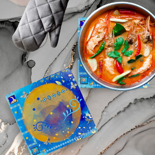 Misty Blue And Golden Mexican Art Luxury Decor  Trivet